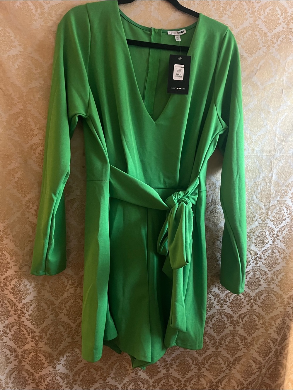 Fashion Nova Bright Green V-Neck Tie-Waist Long Sleeve Romper